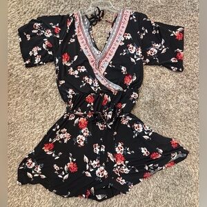 Floral Wrap Romper 2X Plus Size Black Boho V Neck Tie Waist Shorts NWOT